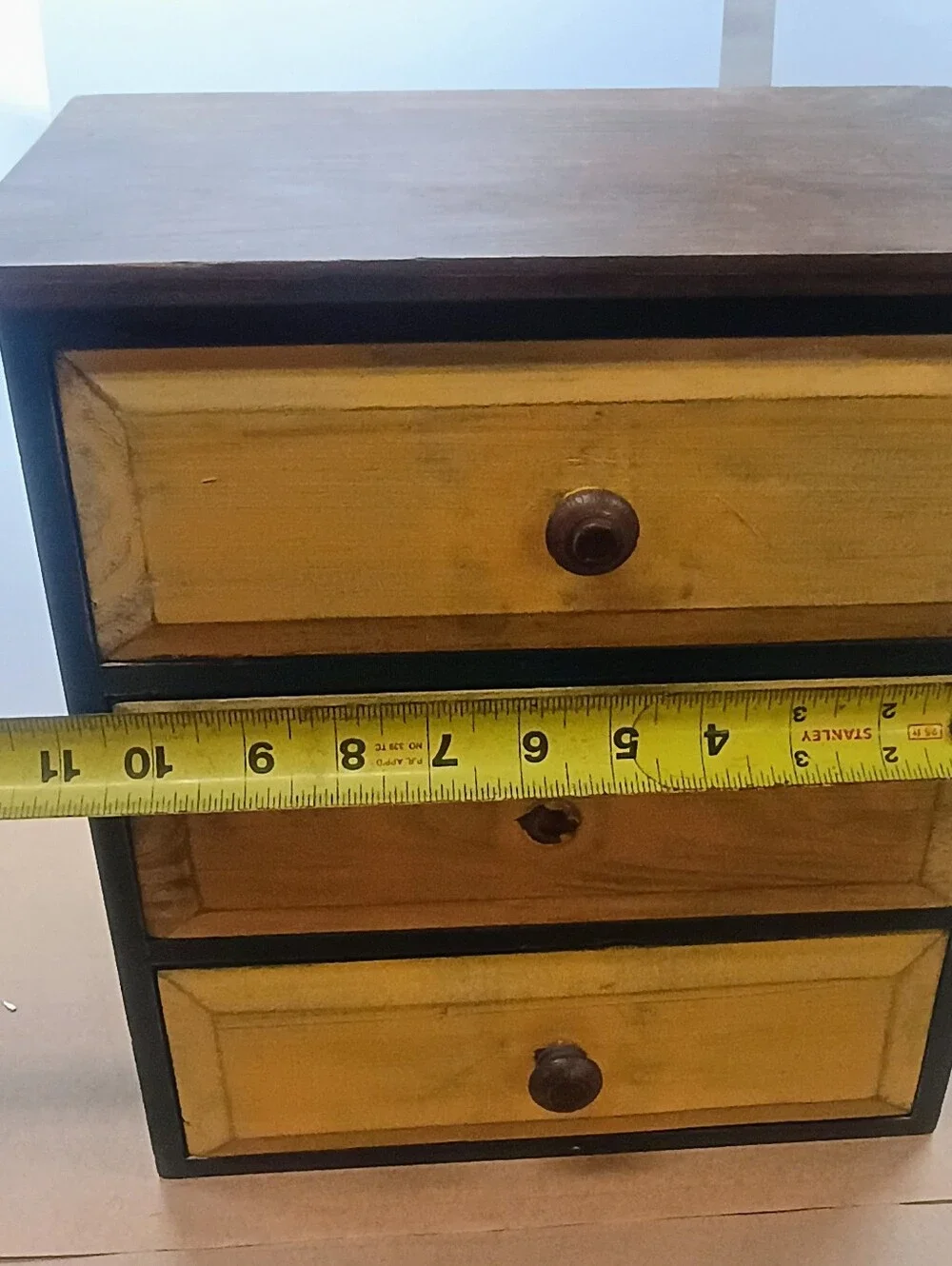 Small 3 Drawer Pine Accent Chest, Blue With Yellow Drawers, Rustic